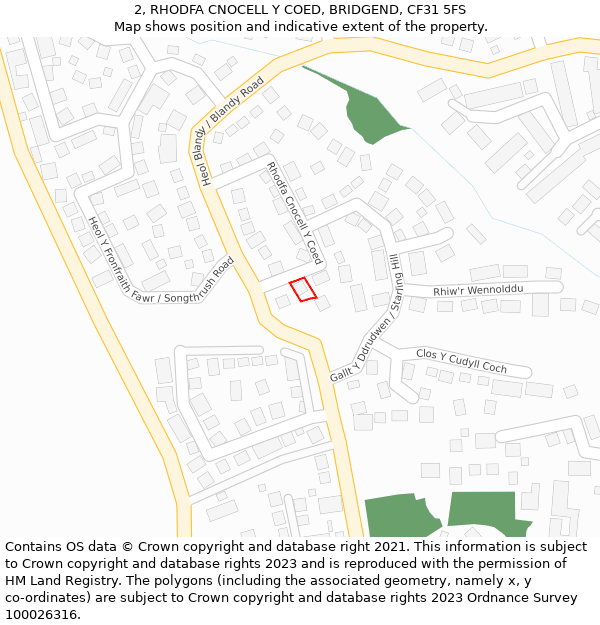 2, RHODFA CNOCELL Y COED, BRIDGEND, CF31 5FS: Location map and indicative extent of plot