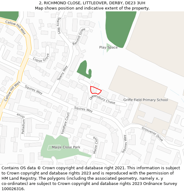 2, RICHMOND CLOSE, LITTLEOVER, DERBY, DE23 3UH: Location map and indicative extent of plot