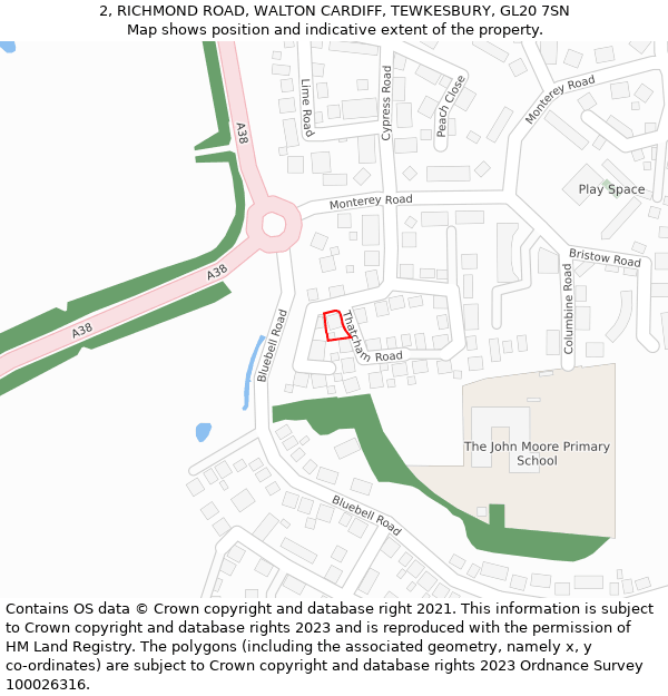 2, RICHMOND ROAD, WALTON CARDIFF, TEWKESBURY, GL20 7SN: Location map and indicative extent of plot