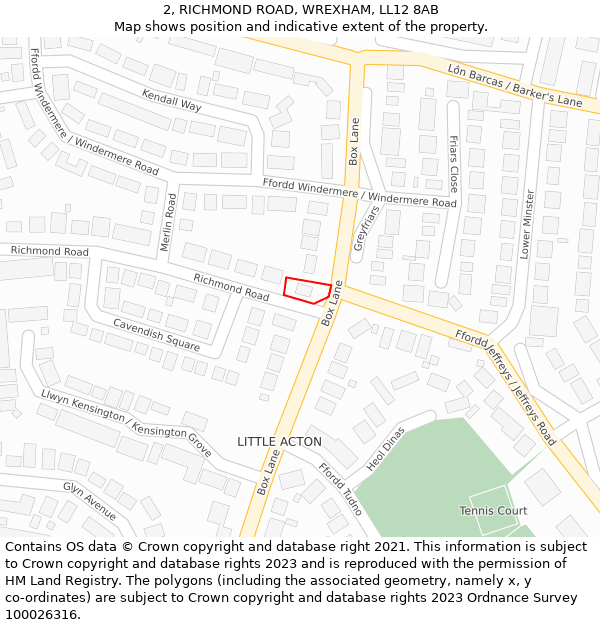 2, RICHMOND ROAD, WREXHAM, LL12 8AB: Location map and indicative extent of plot