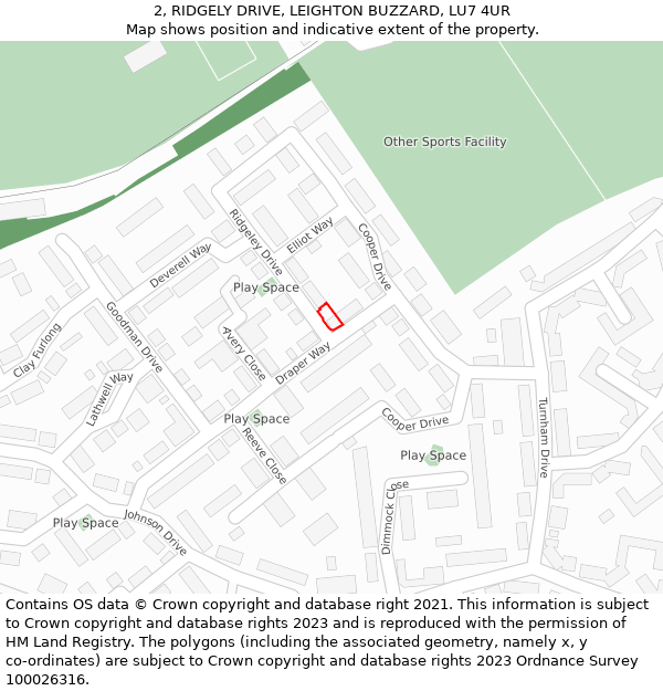 2, RIDGELY DRIVE, LEIGHTON BUZZARD, LU7 4UR: Location map and indicative extent of plot