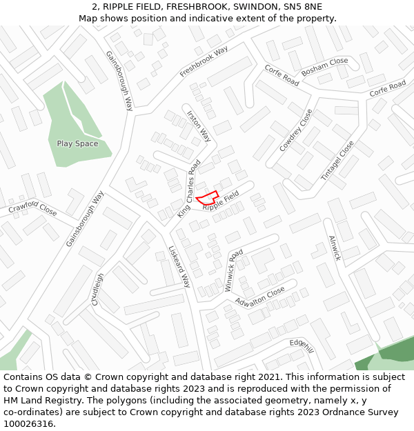2, RIPPLE FIELD, FRESHBROOK, SWINDON, SN5 8NE: Location map and indicative extent of plot
