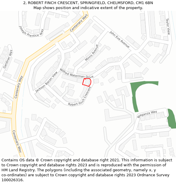 2, ROBERT FINCH CRESCENT, SPRINGFIELD, CHELMSFORD, CM1 6BN: Location map and indicative extent of plot