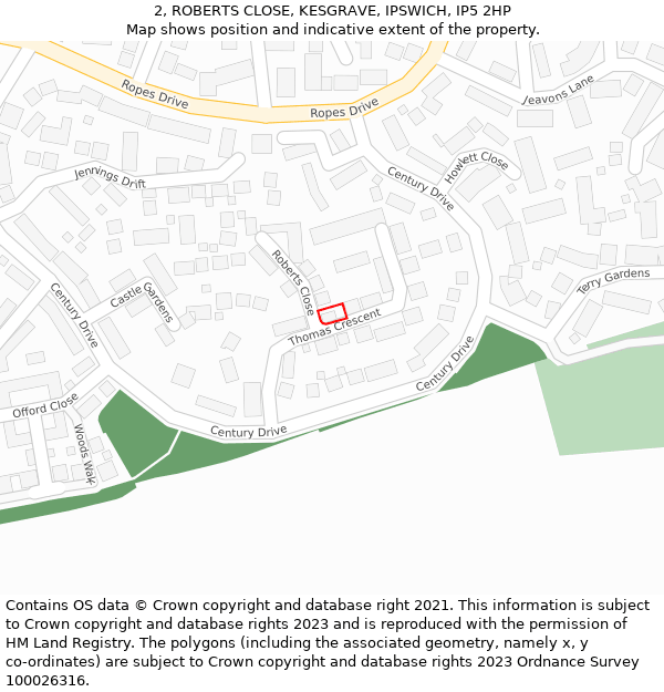 2, ROBERTS CLOSE, KESGRAVE, IPSWICH, IP5 2HP: Location map and indicative extent of plot