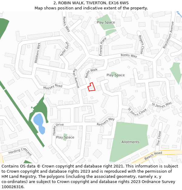 2, ROBIN WALK, TIVERTON, EX16 6WS: Location map and indicative extent of plot