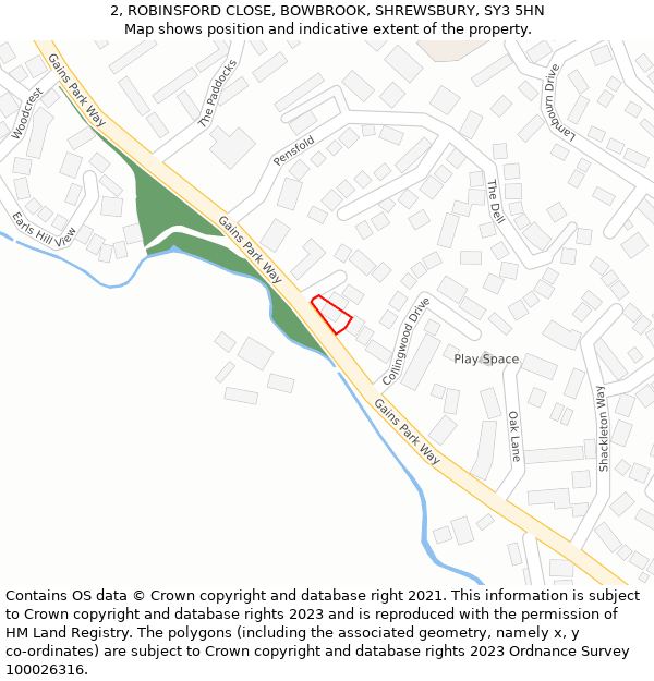 2, ROBINSFORD CLOSE, BOWBROOK, SHREWSBURY, SY3 5HN: Location map and indicative extent of plot