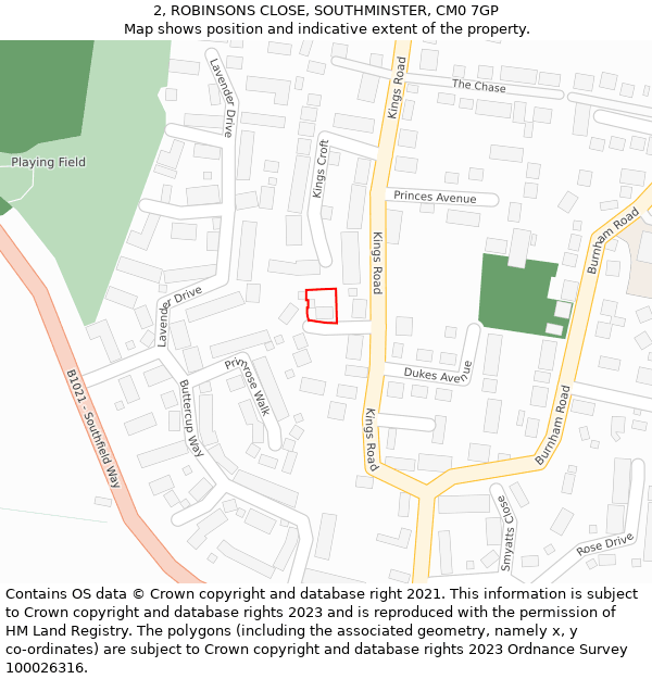 2, ROBINSONS CLOSE, SOUTHMINSTER, CM0 7GP: Location map and indicative extent of plot