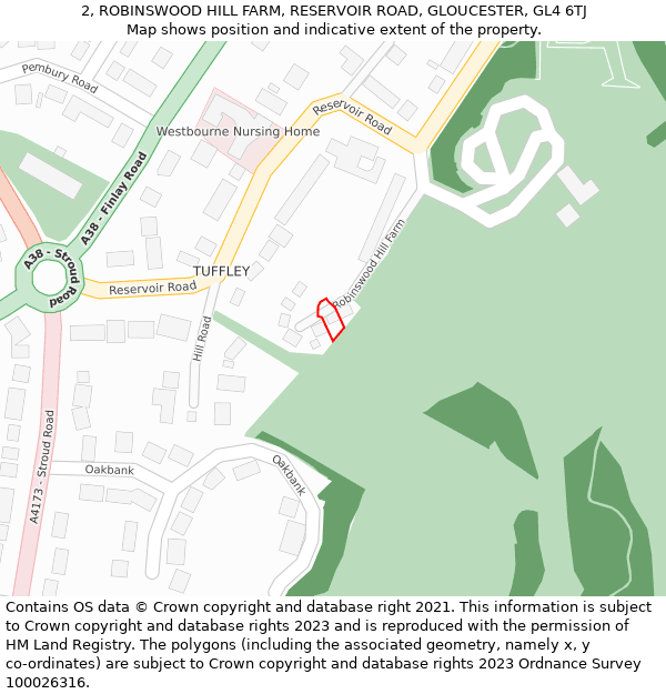 2, ROBINSWOOD HILL FARM, RESERVOIR ROAD, GLOUCESTER, GL4 6TJ: Location map and indicative extent of plot