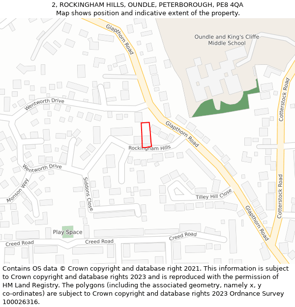 2, ROCKINGHAM HILLS, OUNDLE, PETERBOROUGH, PE8 4QA: Location map and indicative extent of plot