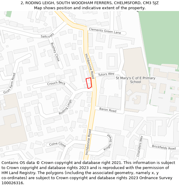 2, RODING LEIGH, SOUTH WOODHAM FERRERS, CHELMSFORD, CM3 5JZ: Location map and indicative extent of plot