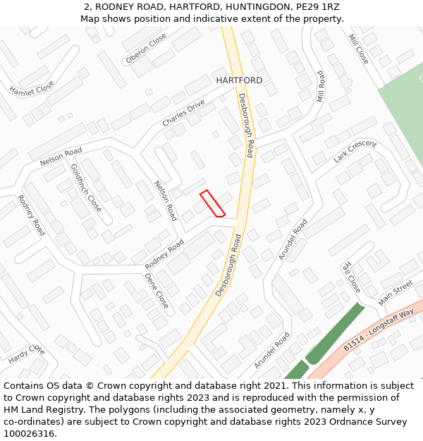 2, RODNEY ROAD, HARTFORD, HUNTINGDON, PE29 1RZ: Location map and indicative extent of plot