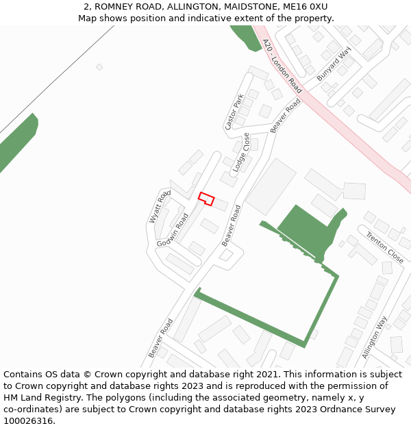 2, ROMNEY ROAD, ALLINGTON, MAIDSTONE, ME16 0XU: Location map and indicative extent of plot