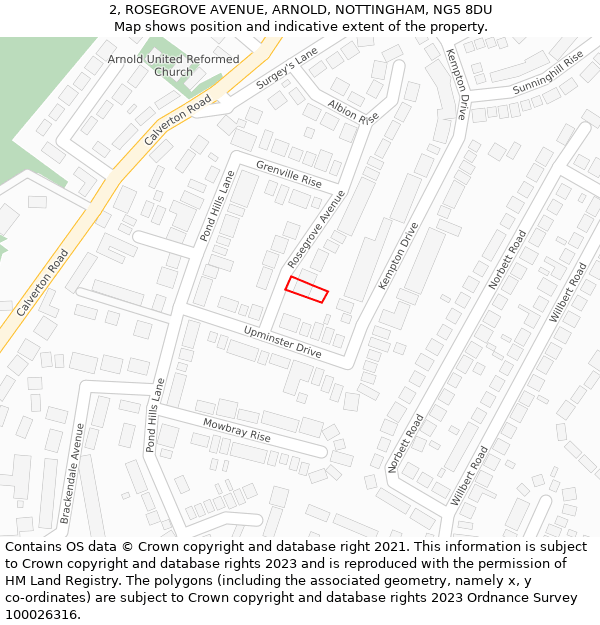 2, ROSEGROVE AVENUE, ARNOLD, NOTTINGHAM, NG5 8DU: Location map and indicative extent of plot