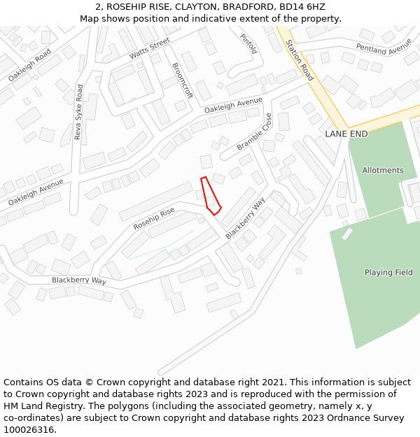 2, ROSEHIP RISE, CLAYTON, BRADFORD, BD14 6HZ: Location map and indicative extent of plot