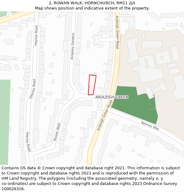 2, ROWAN WALK, HORNCHURCH, RM11 2JA: Location map and indicative extent of plot