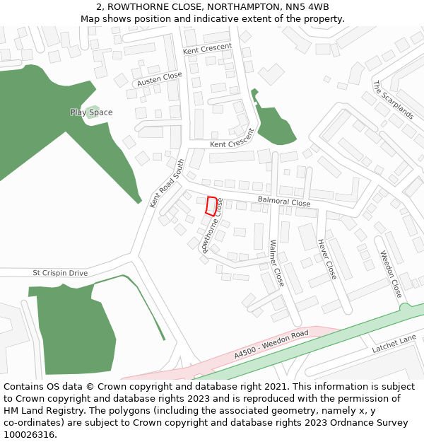 2, ROWTHORNE CLOSE, NORTHAMPTON, NN5 4WB: Location map and indicative extent of plot