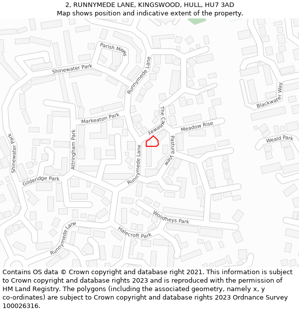 2, RUNNYMEDE LANE, KINGSWOOD, HULL, HU7 3AD: Location map and indicative extent of plot