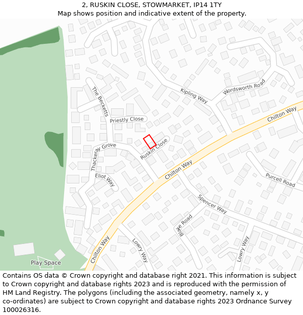 2, RUSKIN CLOSE, STOWMARKET, IP14 1TY: Location map and indicative extent of plot