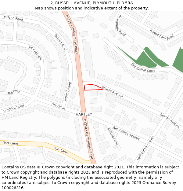 2, RUSSELL AVENUE, PLYMOUTH, PL3 5RA: Location map and indicative extent of plot