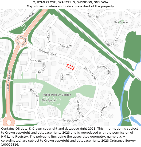 2, RYAN CLOSE, SPARCELLS, SWINDON, SN5 5WA: Location map and indicative extent of plot