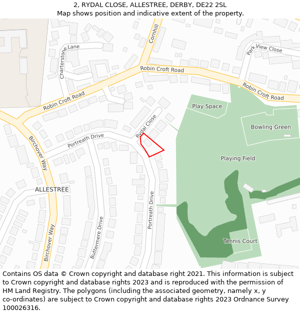 2, RYDAL CLOSE, ALLESTREE, DERBY, DE22 2SL: Location map and indicative extent of plot