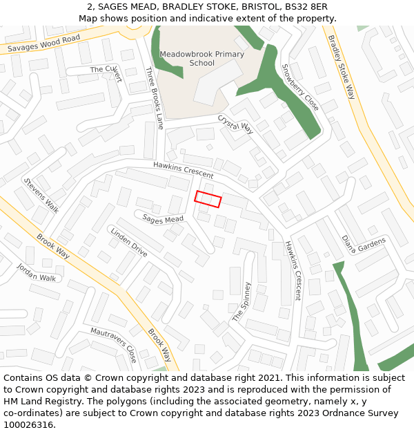 2, SAGES MEAD, BRADLEY STOKE, BRISTOL, BS32 8ER: Location map and indicative extent of plot