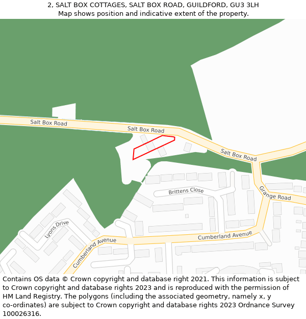 2, SALT BOX COTTAGES, SALT BOX ROAD, GUILDFORD, GU3 3LH: Location map and indicative extent of plot