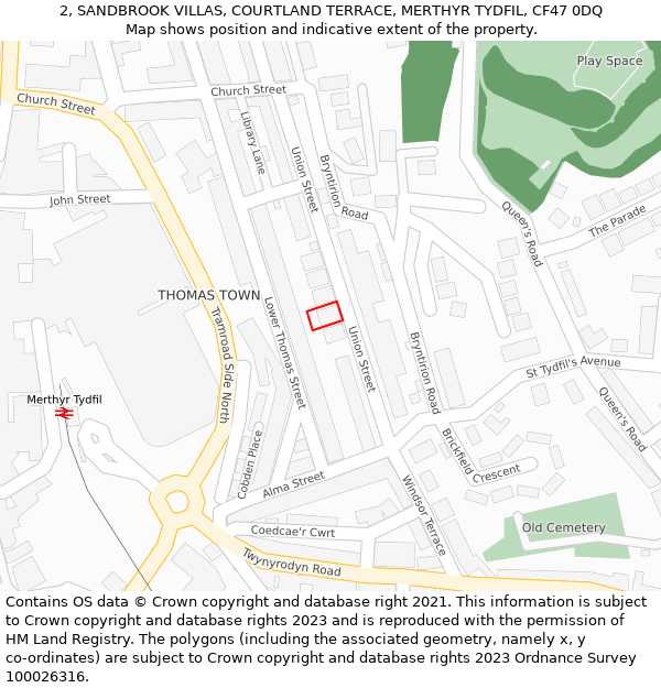 2, SANDBROOK VILLAS, COURTLAND TERRACE, MERTHYR TYDFIL, CF47 0DQ: Location map and indicative extent of plot