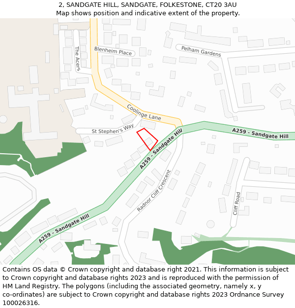 2, SANDGATE HILL, SANDGATE, FOLKESTONE, CT20 3AU: Location map and indicative extent of plot