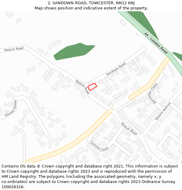 2, SANDOWN ROAD, TOWCESTER, NN12 6NJ: Location map and indicative extent of plot