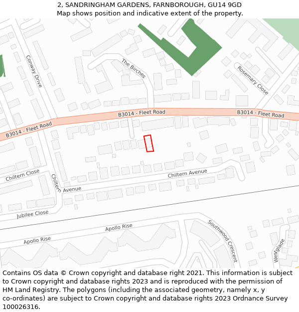 2, SANDRINGHAM GARDENS, FARNBOROUGH, GU14 9GD: Location map and indicative extent of plot