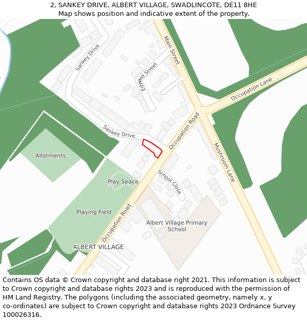 2, SANKEY DRIVE, ALBERT VILLAGE, SWADLINCOTE, DE11 8HE: Location map and indicative extent of plot