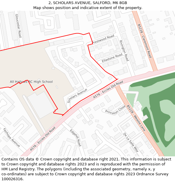 2, SCHOLARS AVENUE, SALFORD, M6 8GB: Location map and indicative extent of plot