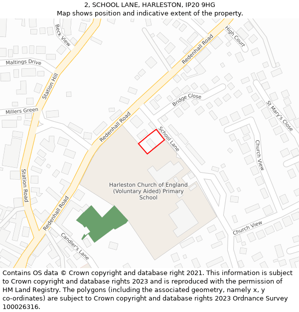 2, SCHOOL LANE, HARLESTON, IP20 9HG: Location map and indicative extent of plot