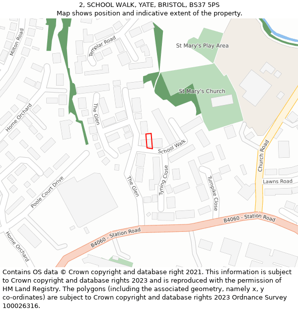 2, SCHOOL WALK, YATE, BRISTOL, BS37 5PS: Location map and indicative extent of plot