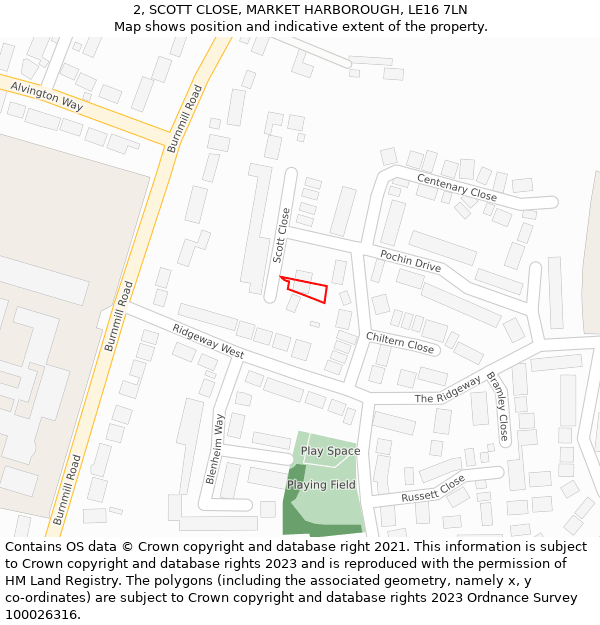 2, SCOTT CLOSE, MARKET HARBOROUGH, LE16 7LN: Location map and indicative extent of plot