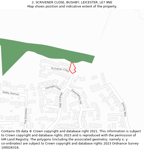 2, SCRIVENER CLOSE, BUSHBY, LEICESTER, LE7 9NE: Location map and indicative extent of plot