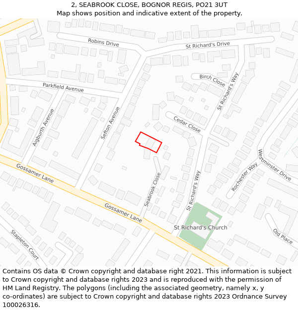 2, SEABROOK CLOSE, BOGNOR REGIS, PO21 3UT: Location map and indicative extent of plot