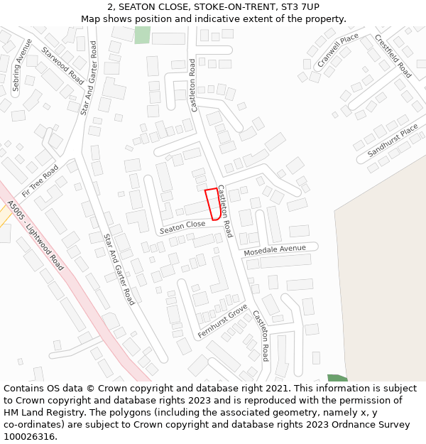 2, SEATON CLOSE, STOKE-ON-TRENT, ST3 7UP: Location map and indicative extent of plot