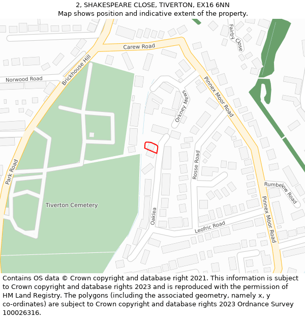 2, SHAKESPEARE CLOSE, TIVERTON, EX16 6NN: Location map and indicative extent of plot