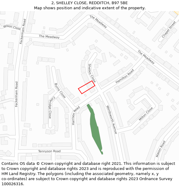 2, SHELLEY CLOSE, REDDITCH, B97 5BE: Location map and indicative extent of plot