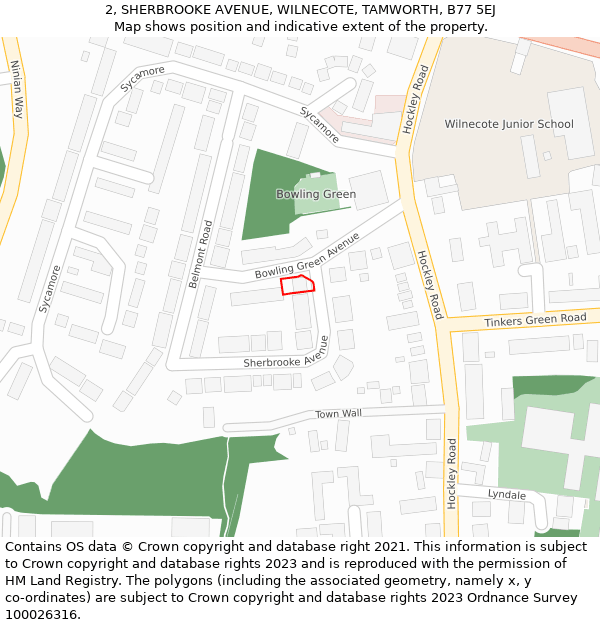 2, SHERBROOKE AVENUE, WILNECOTE, TAMWORTH, B77 5EJ: Location map and indicative extent of plot