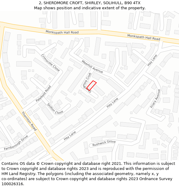 2, SHERDMORE CROFT, SHIRLEY, SOLIHULL, B90 4TX: Location map and indicative extent of plot