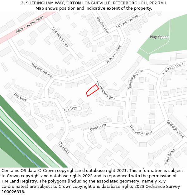 2, SHERINGHAM WAY, ORTON LONGUEVILLE, PETERBOROUGH, PE2 7AH: Location map and indicative extent of plot