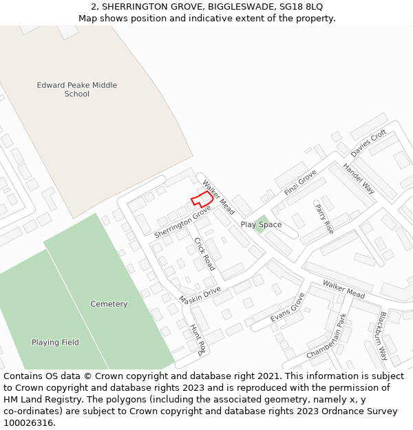 2, SHERRINGTON GROVE, BIGGLESWADE, SG18 8LQ: Location map and indicative extent of plot