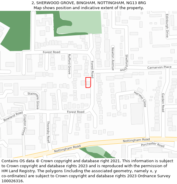 2, SHERWOOD GROVE, BINGHAM, NOTTINGHAM, NG13 8RG: Location map and indicative extent of plot