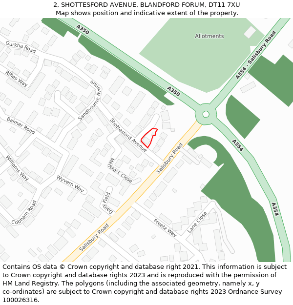 2, SHOTTESFORD AVENUE, BLANDFORD FORUM, DT11 7XU: Location map and indicative extent of plot