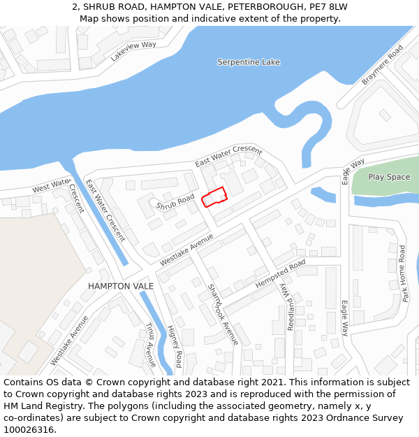 2, SHRUB ROAD, HAMPTON VALE, PETERBOROUGH, PE7 8LW: Location map and indicative extent of plot