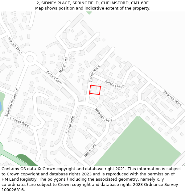 2, SIDNEY PLACE, SPRINGFIELD, CHELMSFORD, CM1 6BE: Location map and indicative extent of plot