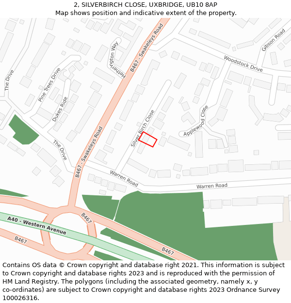 2, SILVERBIRCH CLOSE, UXBRIDGE, UB10 8AP: Location map and indicative extent of plot